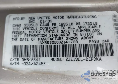 2003 Toyota Corolla Ce from USA, damaged, VIN 1NXBR32E03Z143788